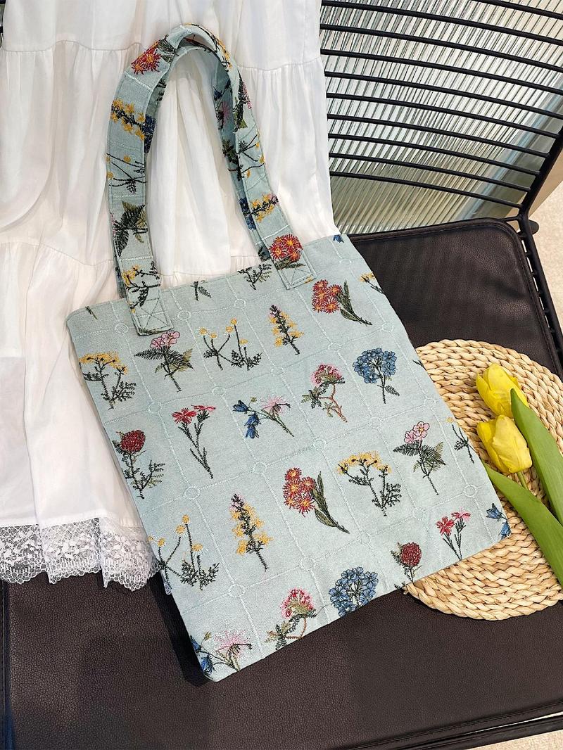Women's Floral Pattern Embroidered Tote Bag, Fashionable Summer 2024 Large Capacity Shoulder Bag for Teen Girls, Women, Casual Tote Bag