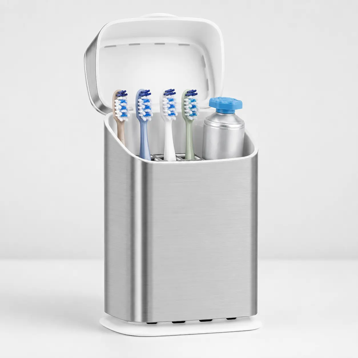 Bathroom Toothbrush Holder with Cover, Ventilated and Drainage, Detachable 5 Slots Organizer for Toothbrush and Toothpaste, Waterproof and Dustproof, Fits Toothbrushes Under 7.5 Inches, Silver
