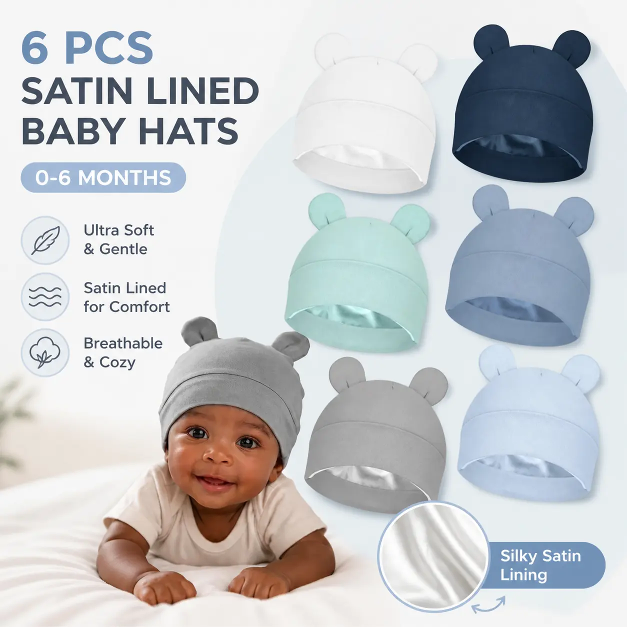 6 Pcs Satin Lined Baby Newborn Hats Beanie Hats Soft Silk Satin Bonnet Infant Toddler Cap  0-6 Months Girls Boys