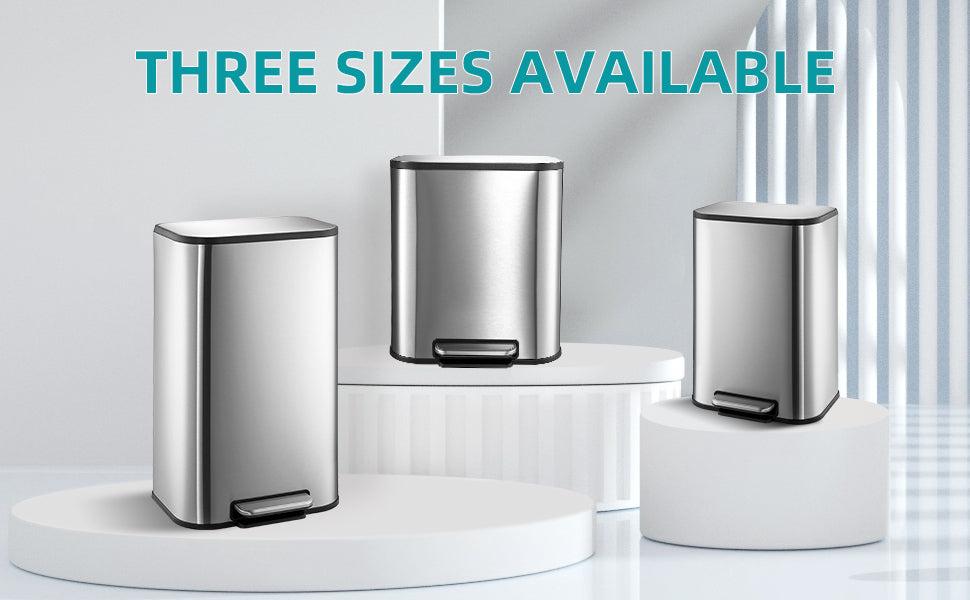 【GARVEE】Versatile GARVEE Stainless Steel Trash Cans: Stylish 3.2, 5.3, 8, and 50 Liter Options with Soft Close Lids and Inner Buckets for Functional Kitchen, Office, and Home Waste Solutions.