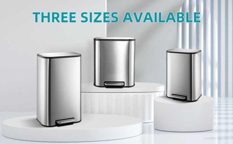【GARVEE】Versatile GARVEE Stainless Steel Trash Cans: Stylish 3.2, 5.3, 8, and 50 Liter Options with Soft Close Lids and Inner Buckets for Functional Kitchen, Office, and Home Waste Solutions.