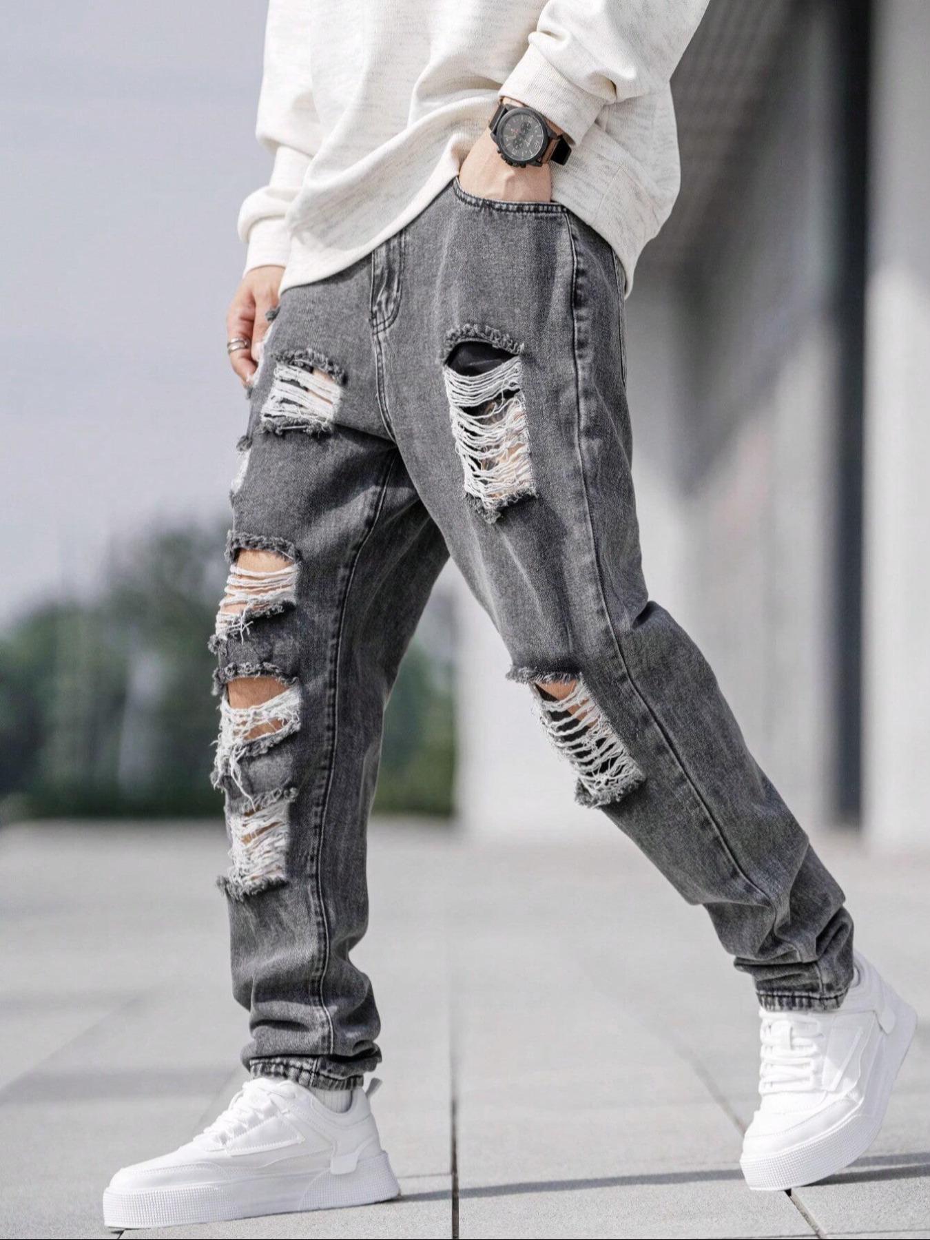 Men's Solid Color Distressed Ripped Stacked Jeans, Streetwear Casual Comfy Grey Denim Pants for Daily Wear, Mens Bottoms for All Seasons, Cotton, Slouchy Jeans