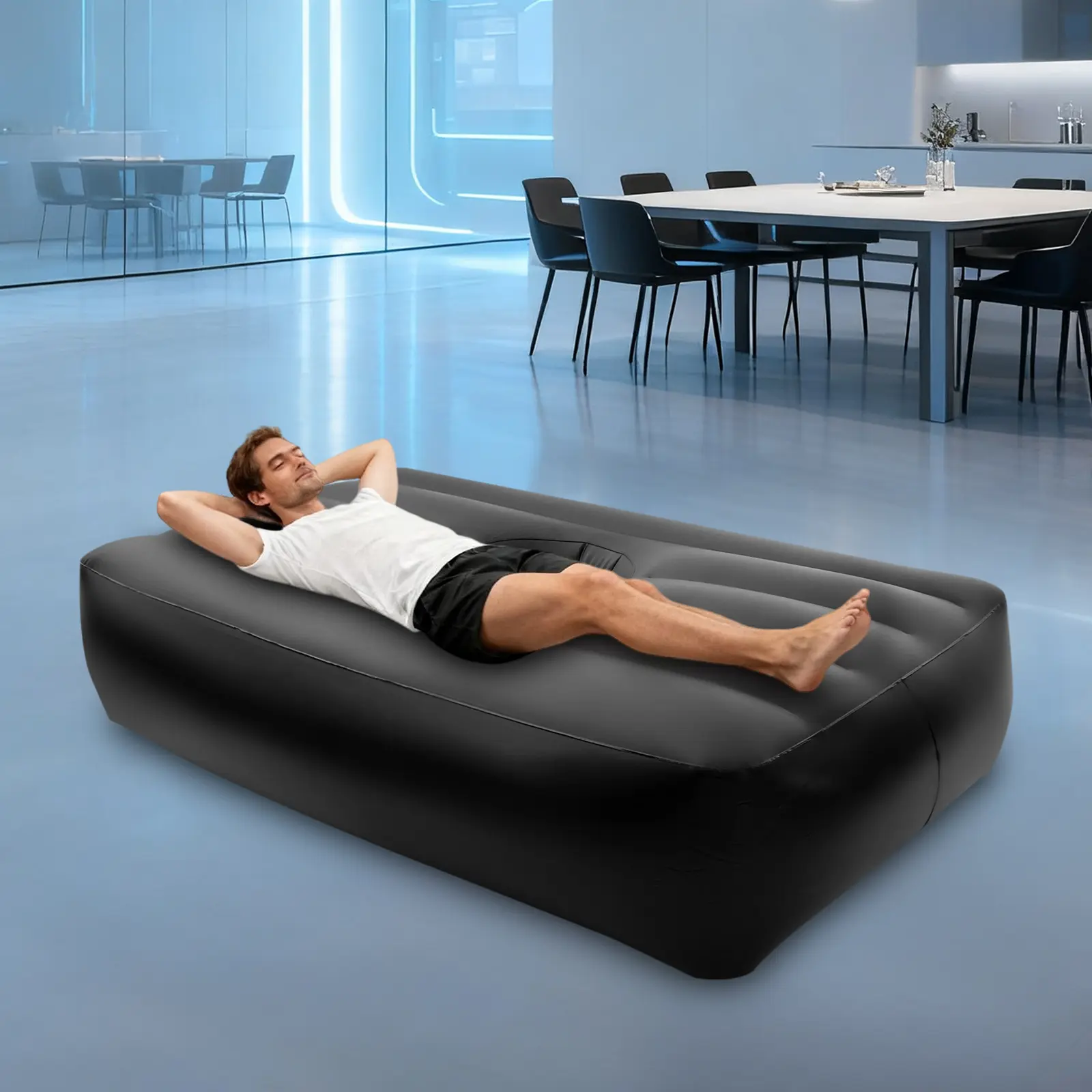 PVC Inflatable Bed Air Mattress with Hole for Post Surgery Recovery, Portable Blow Up Bed for Camping Beach Poolside Travel Hiking Fishing, Guest Bed for Home Nap Reading, Black
