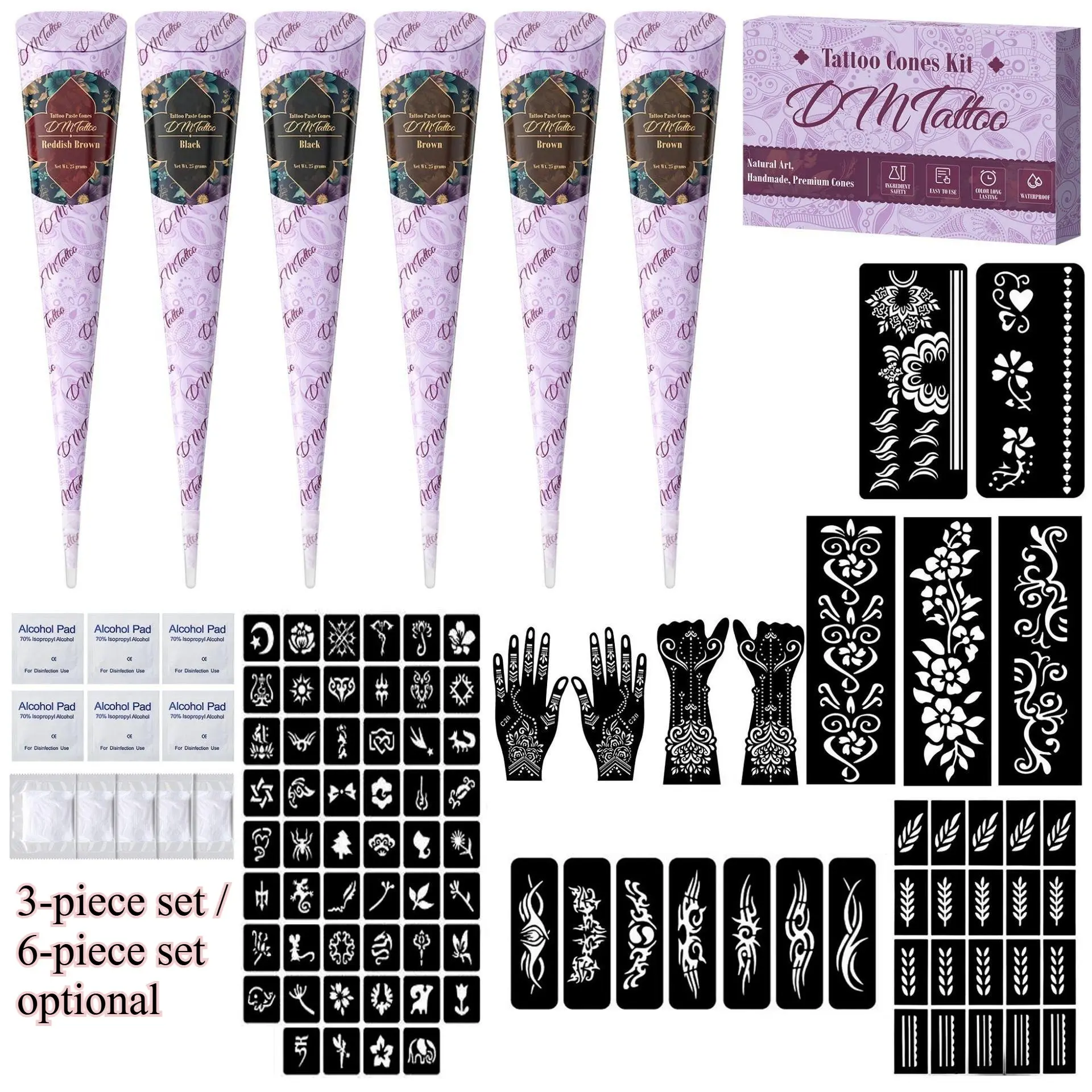 Temporary Henna Tattoo Kit, Natural Plant-Based Body Art Cream, Waterproof Long-Lasting Design, Choose 3-Pack or 6-Pack