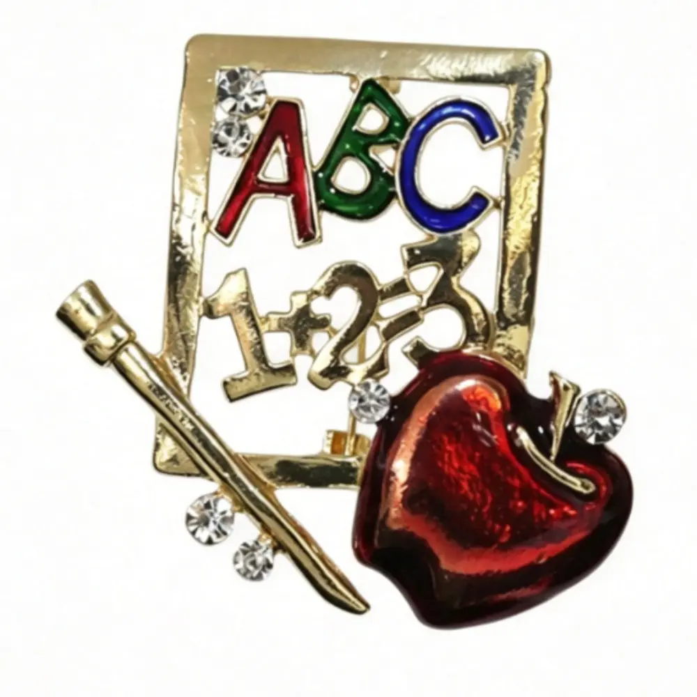 Teacher Apple Brooch Gold Frame Color Enamel ABC Letters Pencil Clear Rhinestone Unisex School Gift Lapel Pin