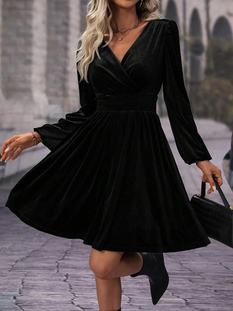 Velvet V Neck Long Sleeve Waist Cinching Solid Color Party Dress Skirt, Perfect for Spring & Fall Valentine's Day, Versatile Elegant Short Skirt
