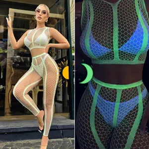 Green Glow-In-Dark Striped Hollow 2-Piece Fishnet Cover-Up Set