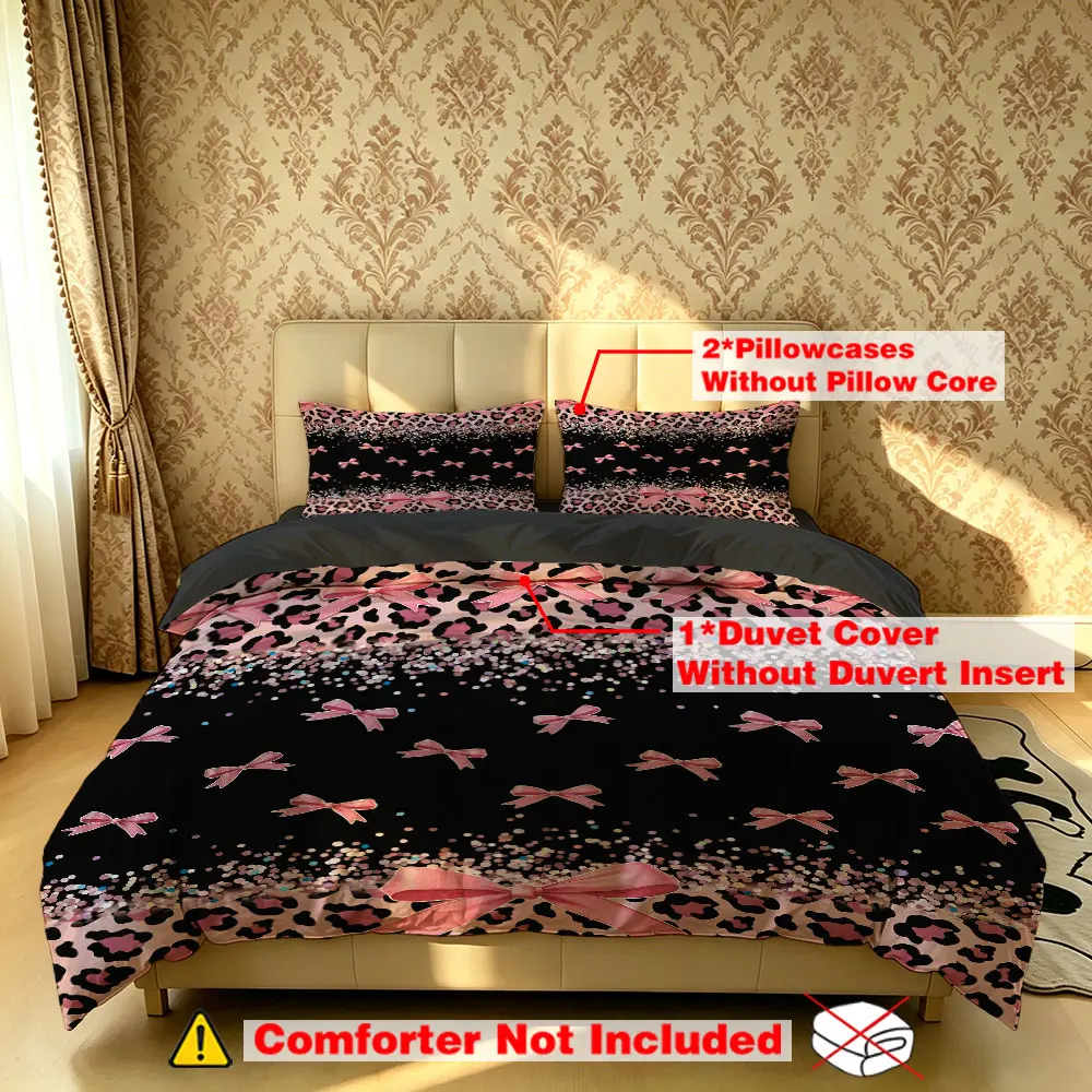 The 3-piece leopard print bow embellished bedding set includes one bedspread and two pillowcases. It is unpadded, soft and comfortable, suitable for single beds and double beds, and ideal for use in bedrooms, dormitories, and hotels, Bed Sets