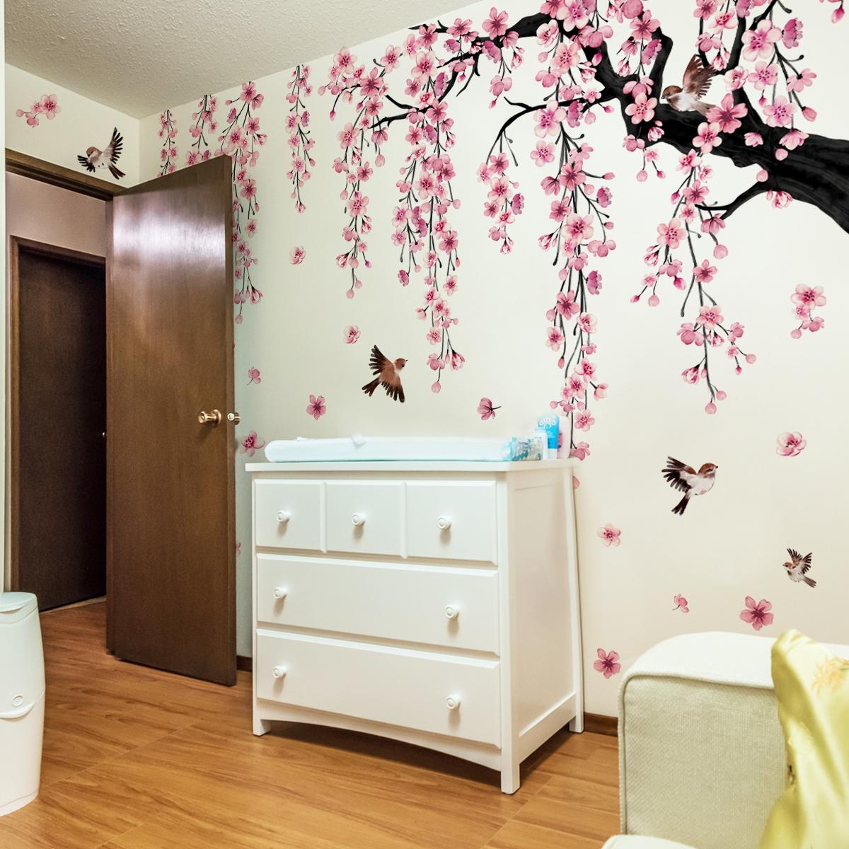 Peach Blossom Tree & Bird Pattern Wall Sticker, 4 Sheets/set Self Adhesive Wall Decal, Decorative Mood Calming Stickers for Home Living Room Bedroom, Wall Art Stickers, Vinyl Wall Stickers, Floral Pattern Sticker