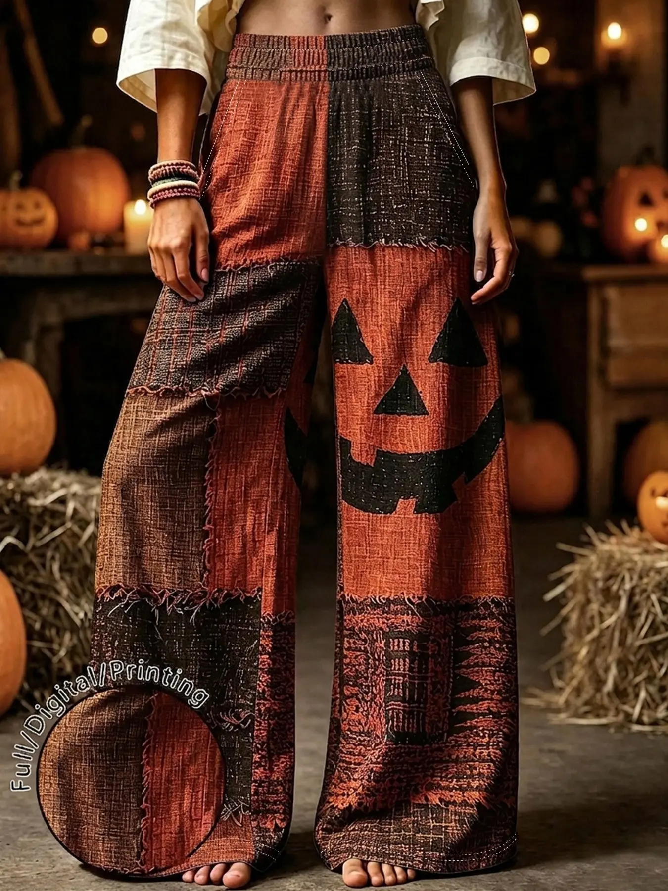 Women's Halloween Pumpkin Wide Leg Pants, Boho Patchwork Print Elastic Waist Trousers, Loose Casual Bottoms For Holiday Party Daily Wear