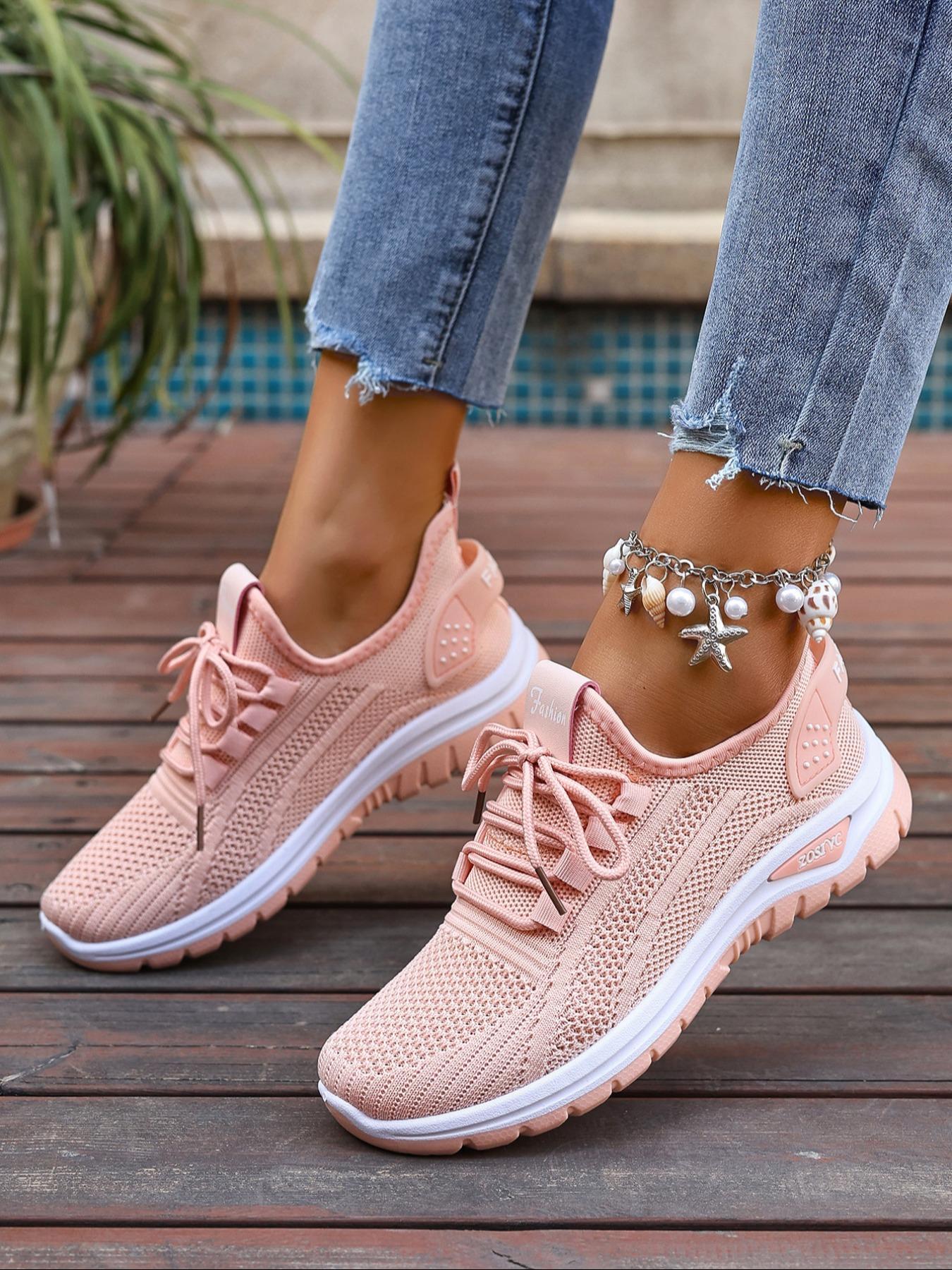 Women's Fashionable Mesh Breathable Sneakers, Casual  Comfortable Non-slip Lace Up  Low Top Sports Running Shoes, All-match Basic Shoes for Daily Wear, Knitted Running Shoes
