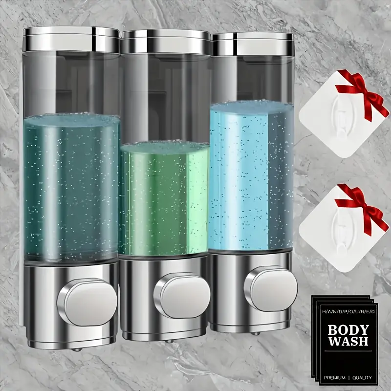 10-Pack Wall-Mounted ABS Soap Dispensers, No-Drill 3-Chamber 10.14oz Refillable Leakproof Waterproof Dispensers for Shampoo, Conditioner - Bathroom, Kitchen Use, Water Proof