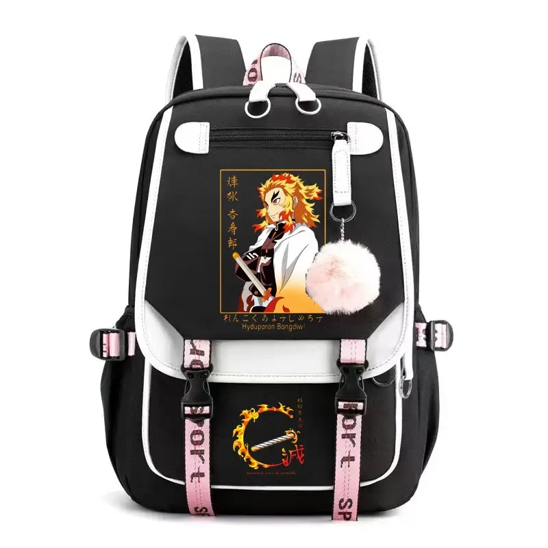 Korean Chic Daypack Laptop Bag for Teens, Kimetsu Pattern Cowhide Leather School Pack with Built-in Organizer and USB Charging Port, Anime Theme, Built-In Organizer Backpacks, Back To School Haul, School Travel