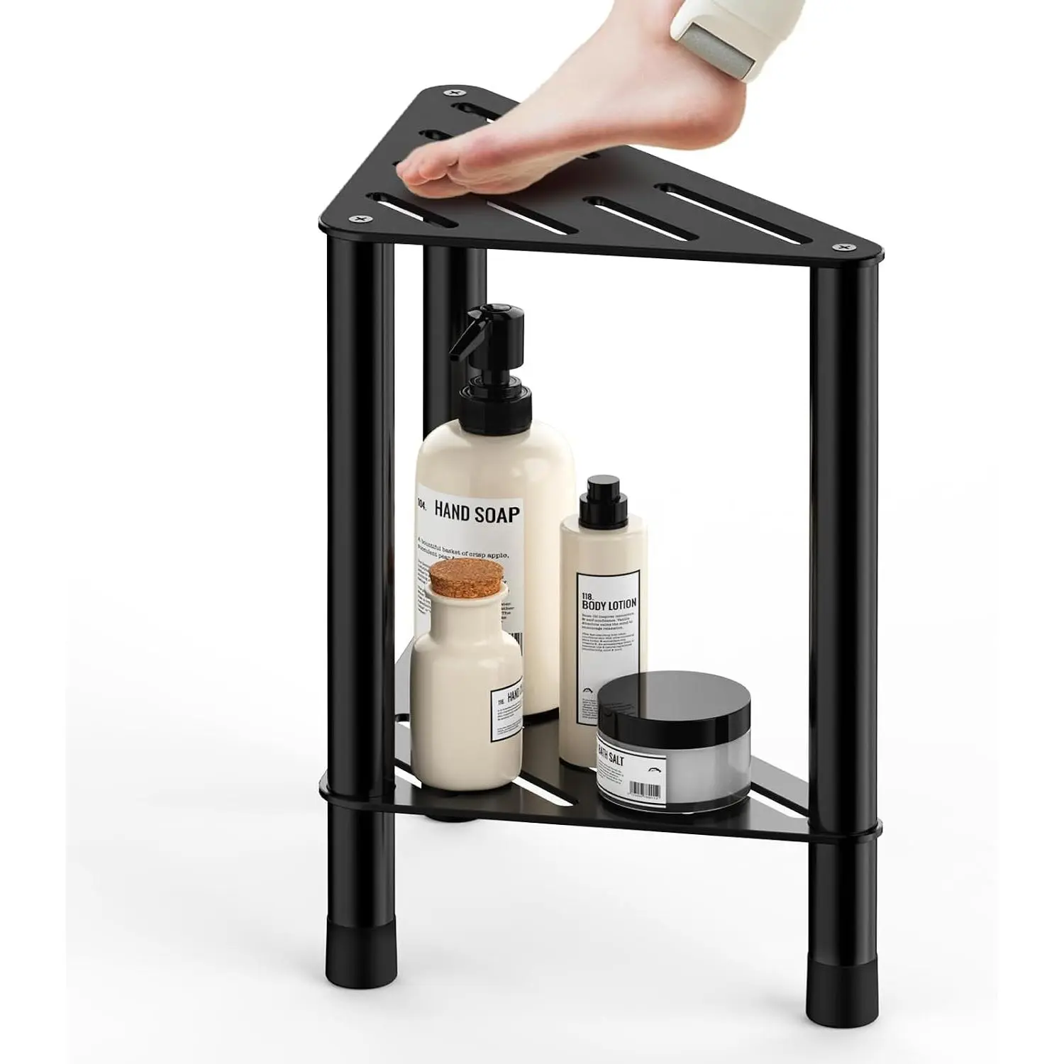 Corner Shower Stool for Inside Shower - 15.5in Shower Foot Rest with Storage Shelf, Stainless Steel Shower Stool for Shaving , Bathroom Bench Suitable for Small Shower Spaces, Black