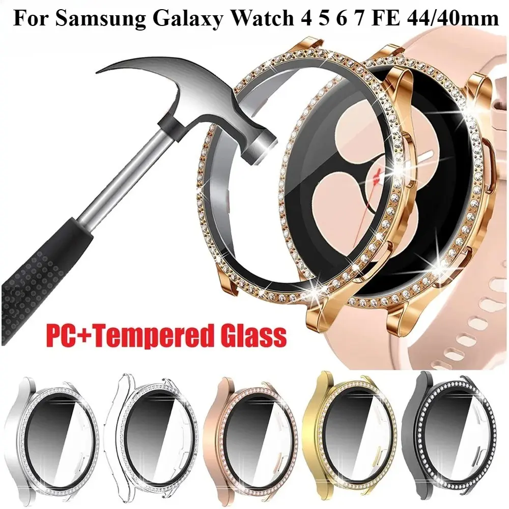 Bling Smartwatch Case with Built-in Tempered Glass Screen Protector, Hard PC Cover Shell for Samsung Galaxy Watch 4/5/6/7 FE (40mm/44mm) - Wearable Protection Accessory