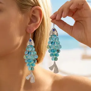 Women's Boho Ocean Evil Eye Shell Fish Tassel Drop Earrings - Long Funky Unique Accessories, Hippie Stuff Beach Vacation Jewelry for Sports & Outdoor Use