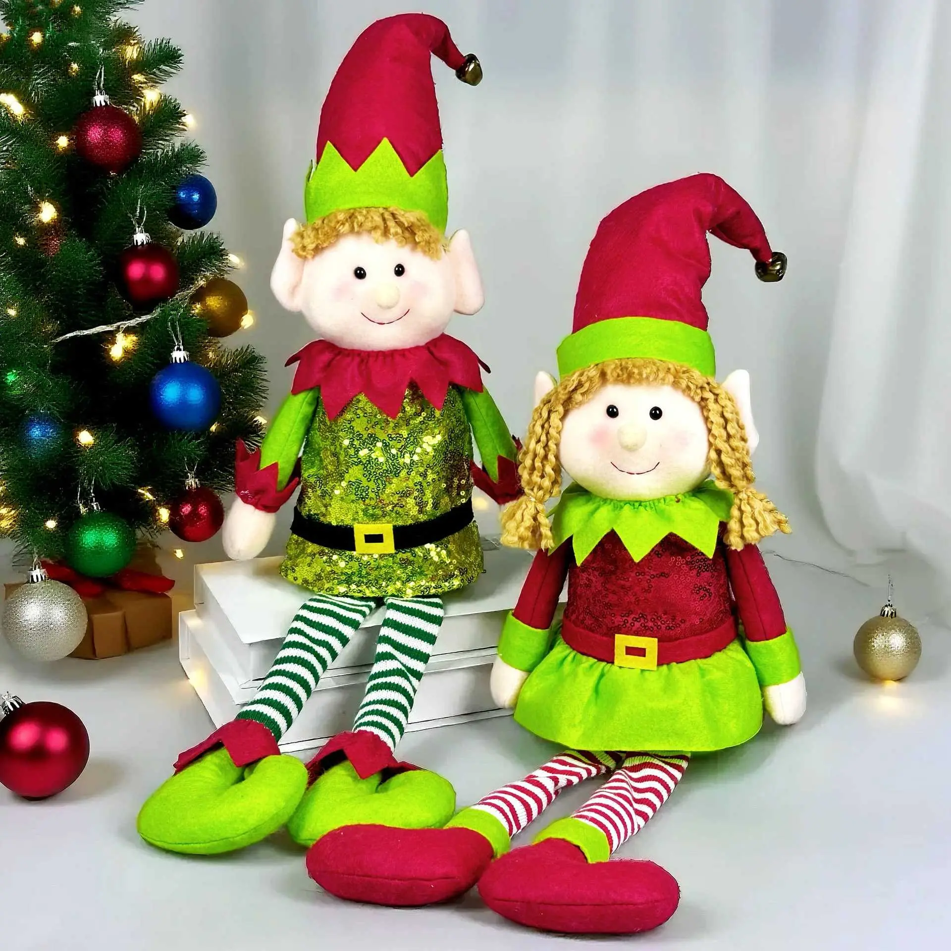 Christmas Decorations, Sitting Long Leg Elf Ornament, Window Display Decoration, Christmas Home Décor Item