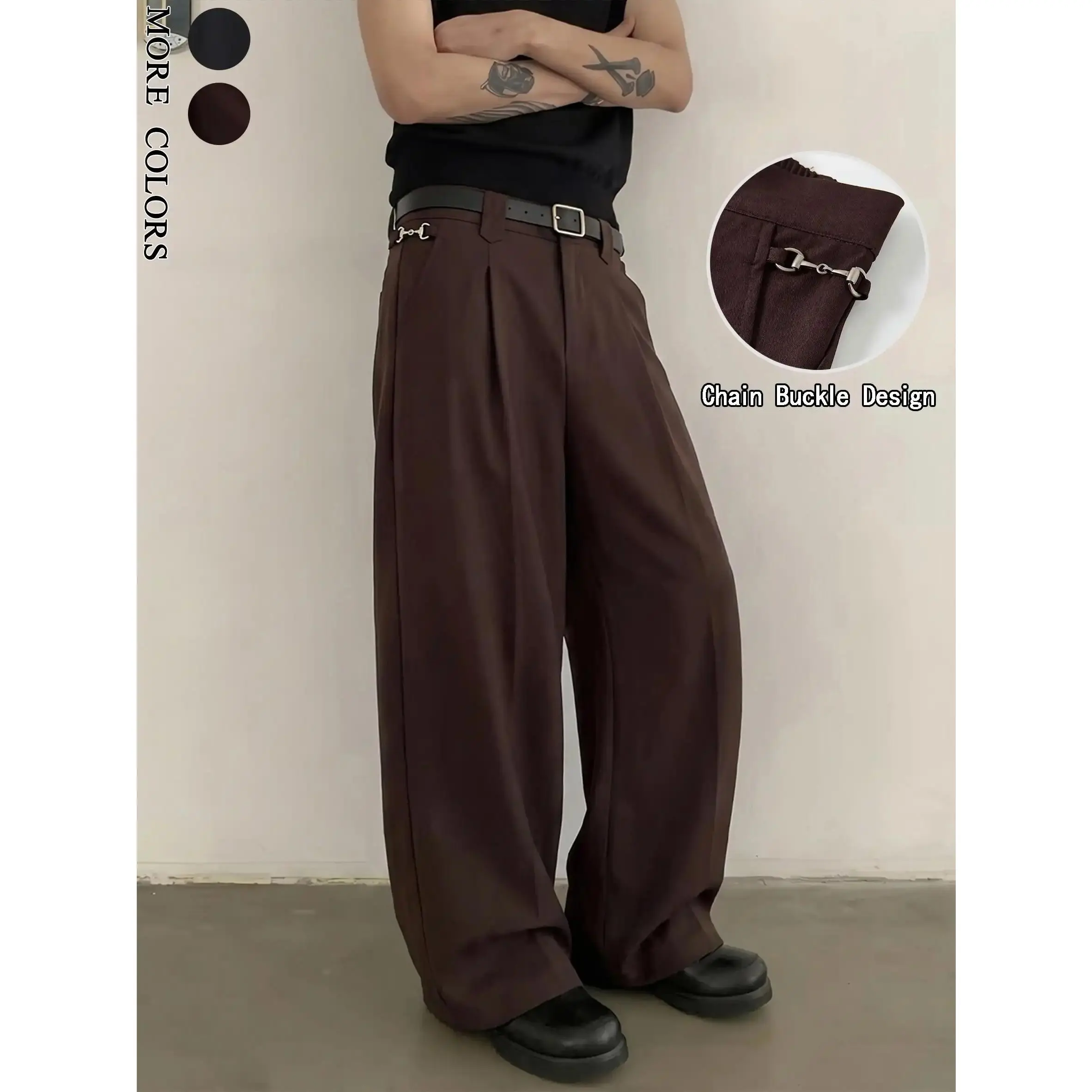 Men's Stylish Pleated Wide Leg Dress Pants - Full Length Loose-Fit Wrinkle-Resistant 4-Way Stretch Polyester Blend Slacks with Detachable Chains, Straight Cut, Elastic Waist, Casual Wear, Machine Wash Cold