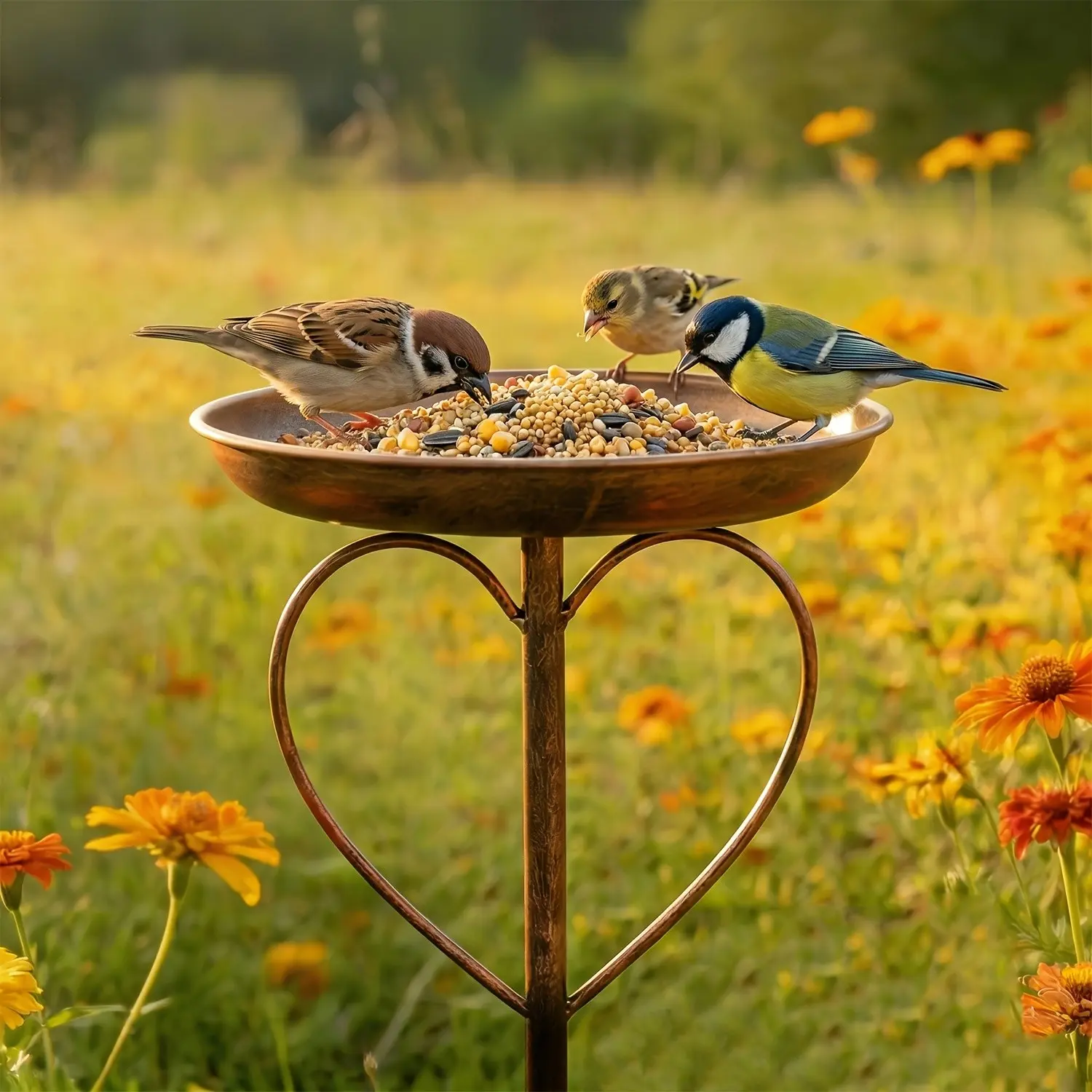 Vintage Heart-Shaped Bird Bath, Outdoor Standing Metal Feeder Bowl and Water Dish, Garden Courtyard Patio Lawn Decor, Perfect Gift for Bird Lovers
