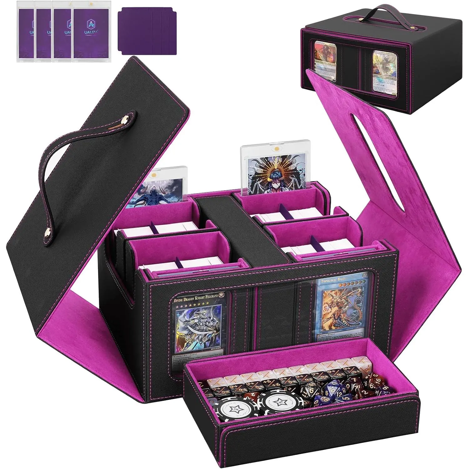 Faux Leather 5-in-1 Multi-Compartment Commander Box for Collectible Cards - Deck Organize, 4 Deck Boxes, 4 Removable Compartments, Dividers, Dice Tray, Magnetic Close, Secure Storage, Water-Resistant, Fits 400+ Double-Sleeved MTG/TCG Cards, Black Purple