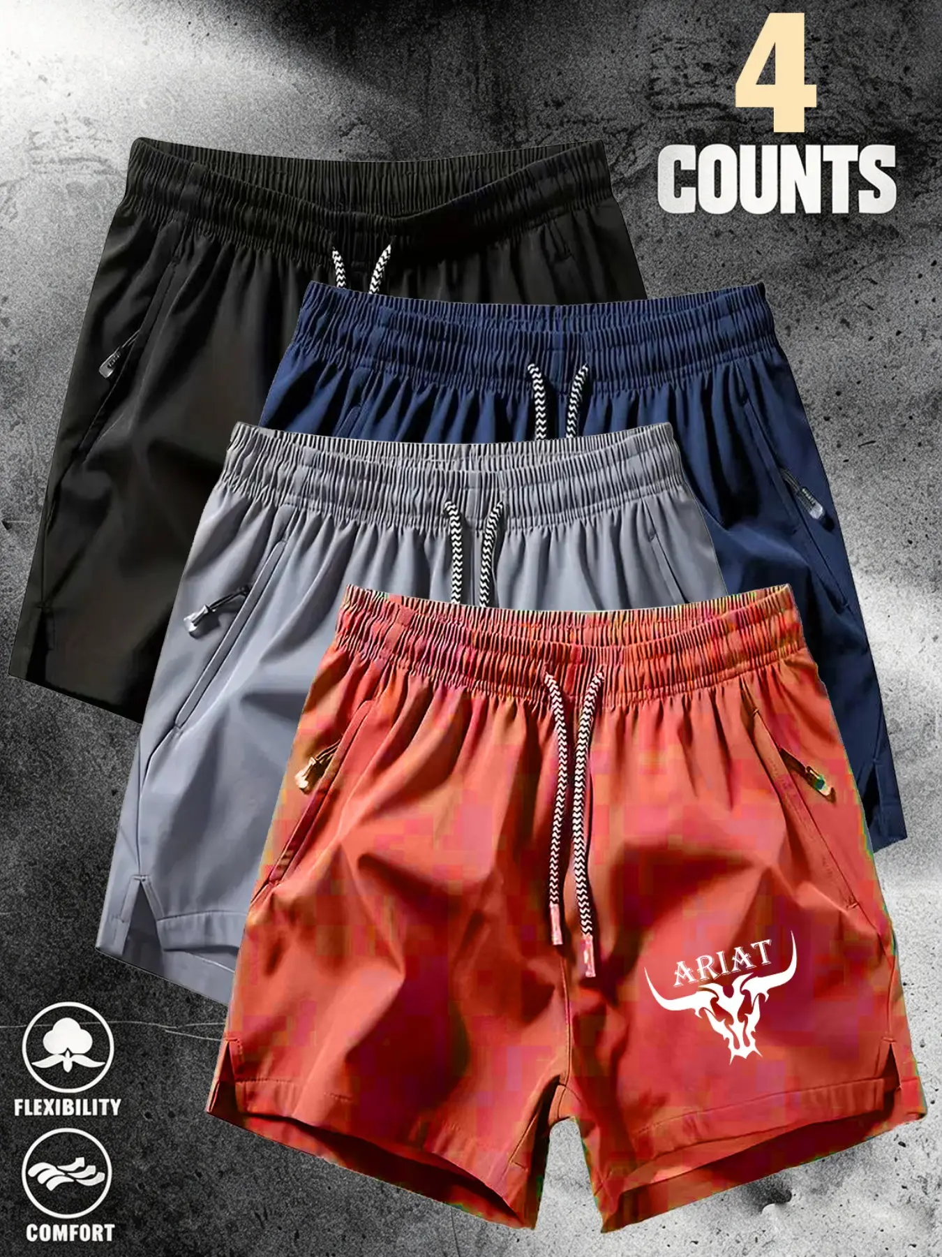 Men's Ice Silk Quick-Dry Shorts, Four Colors, Original Logo Print, Drawstring Waist, Zip Pockets, Outdoor Running Fitness, Casual Loose Fit