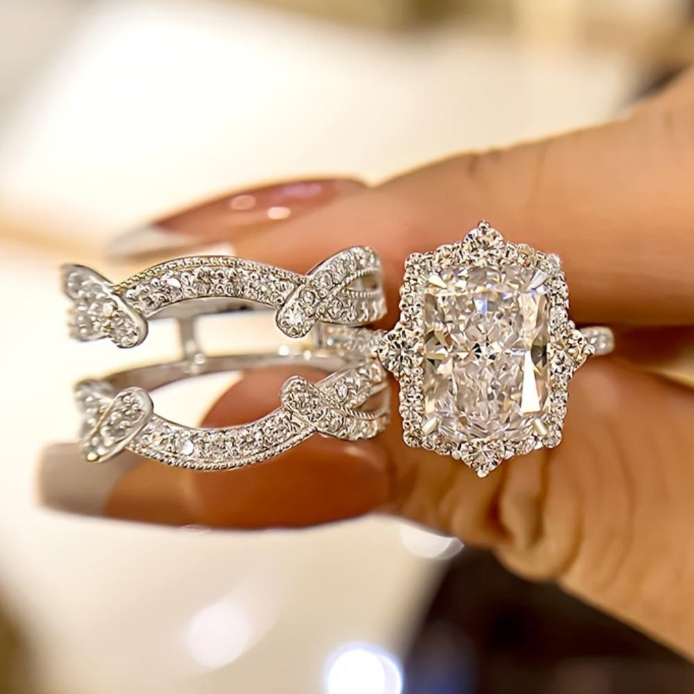 2-Piece Princess-Style Shiny Multi-Layer Square Couple Rings Synthetic Cubic Zirconia Stackable Rings Bride Engagement Promise Wedding Anniversary Birthstone Rings Valentine's Day Christmas Gifts High-Quality Jewelry for Women