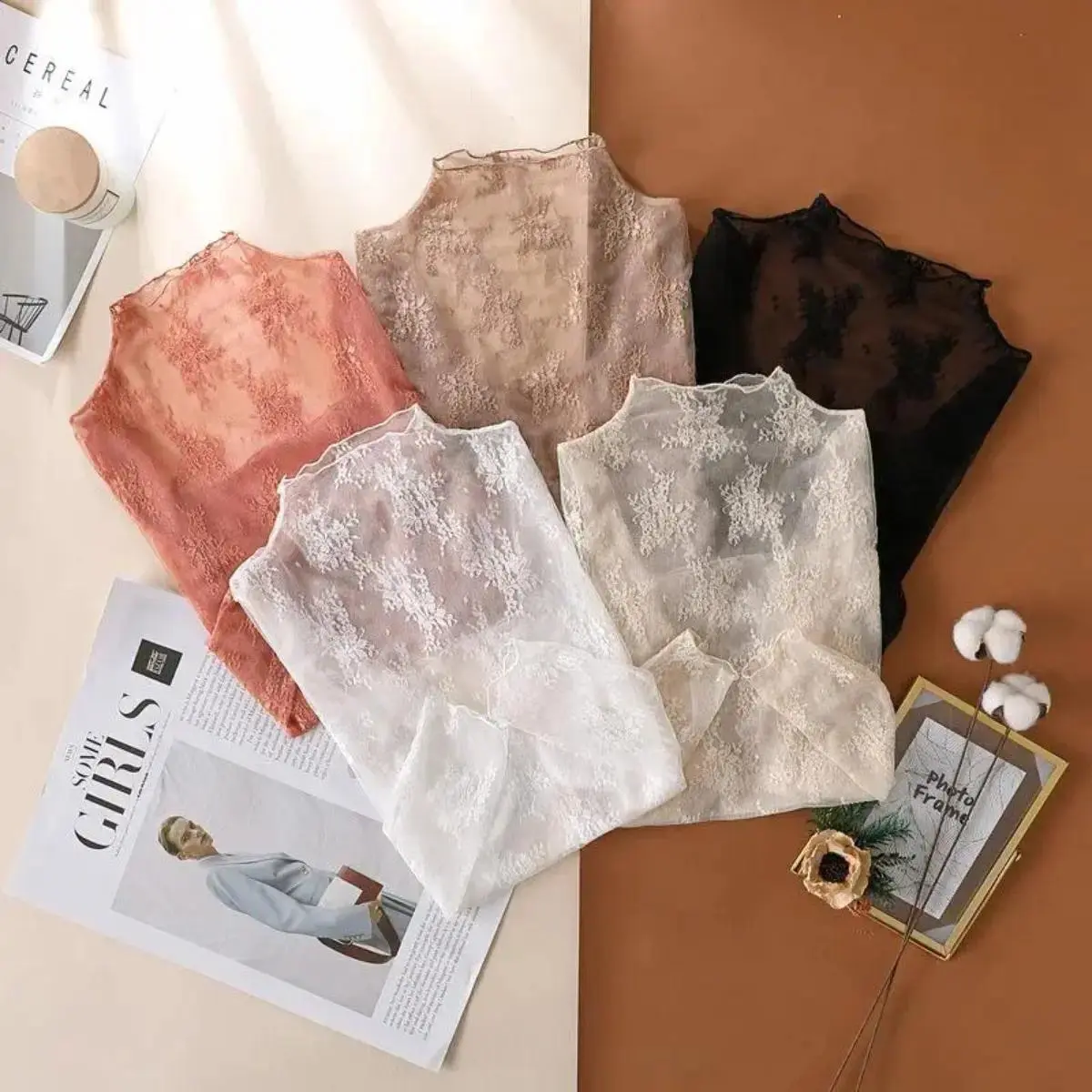 Women's Basic Minimalist Lady's Mock Neck Polyester/Nylon Longsleeve Sheer See-Through Mesh Slim-Fit Crop Top Blouse with Lace Trim - Leisure Wear, Anniversary Gift, Travel Essential