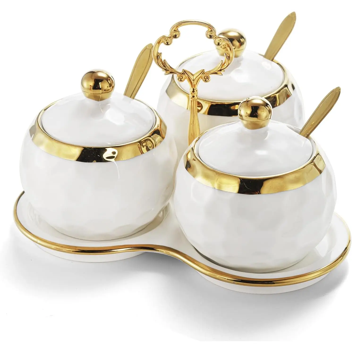 Porcelain Condiment Pot Sugar Bowl  Jars with Lid, Spoon and Tray, Salt Container  Box Seasoning Pots, White Sugar Salt Bowls Set for Kitchen, Restaurant, Coffee Bar, Set of 3