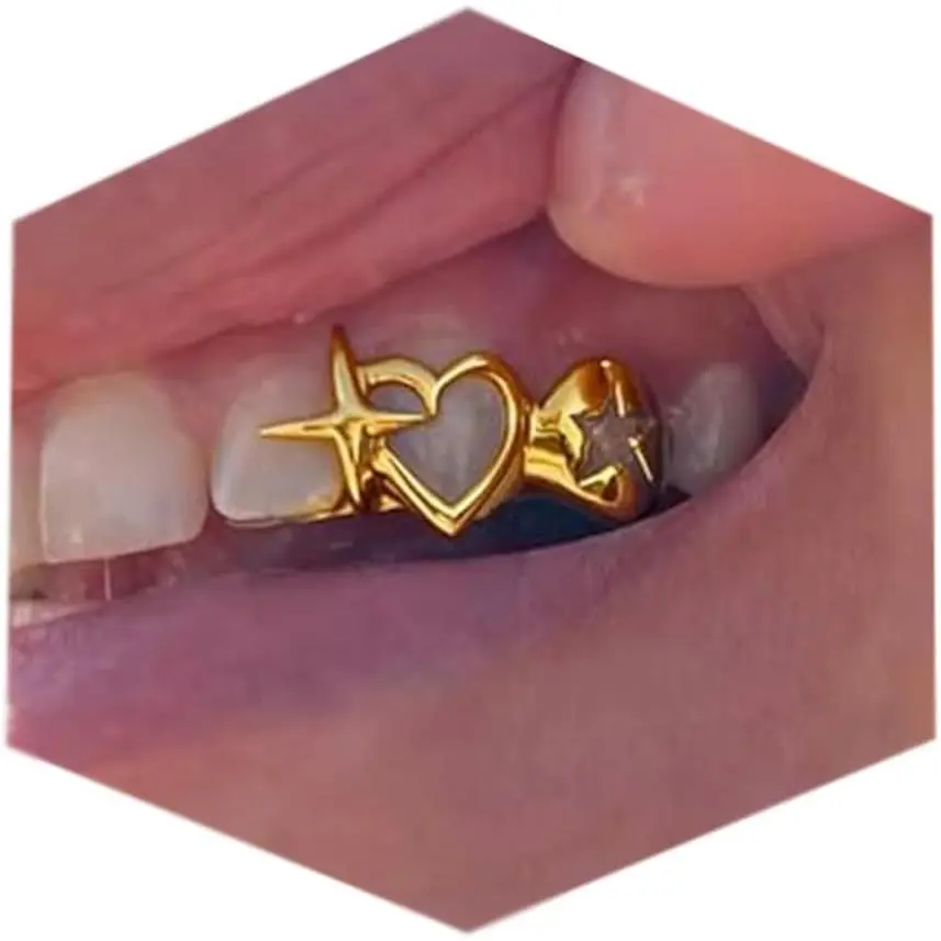 Gold Teeth Grillz for Women Grills for Your Teeth Men Gold Tooth Cap Grillz for Women Golden Tooth Jewelry Cross Heart Mouth Grills Men Hip Hop Outfits Custom Accessory Halloween Party