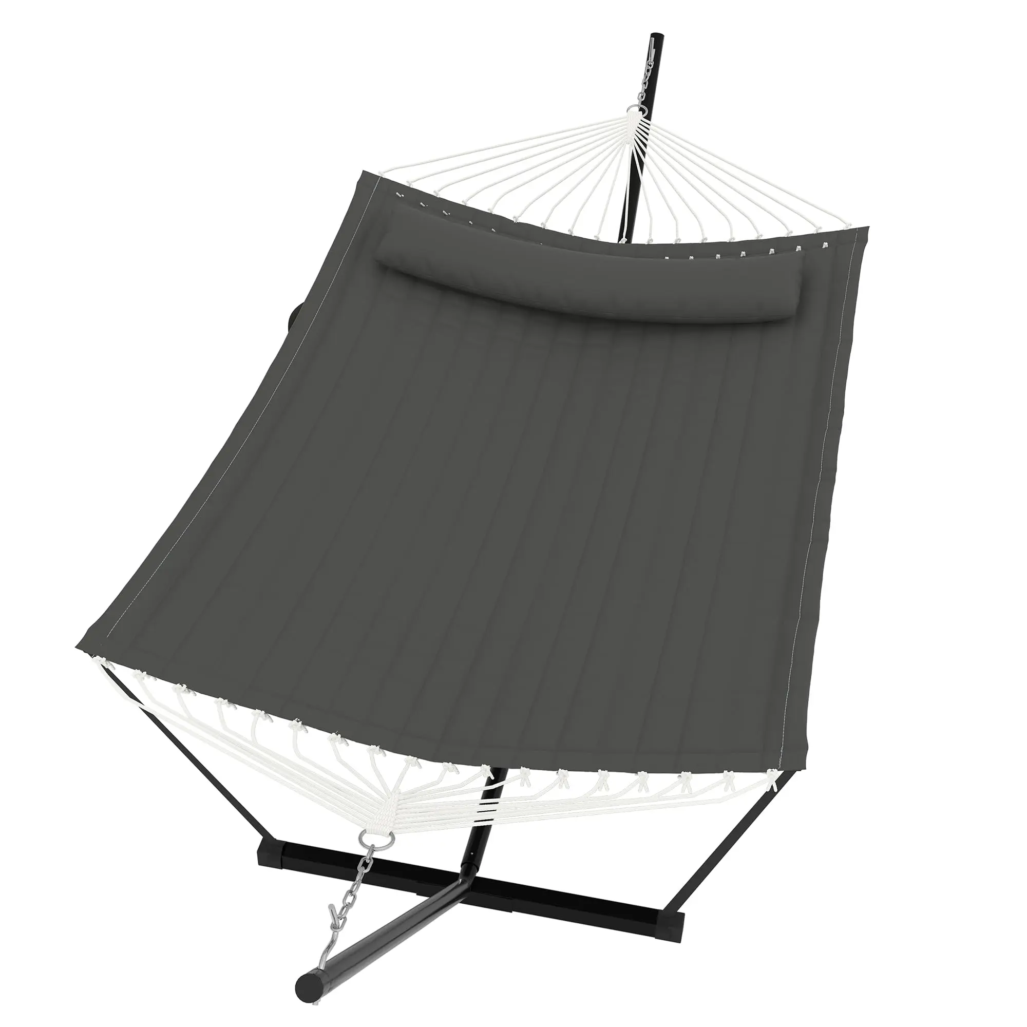 2-Person Large Size Quilted Double Hammock with Adjustable Heavy-Duty Steel Stand - 500lbs Capacity, Detachable Pillow, Storage Pocket - Ideal for Patio, Backyard