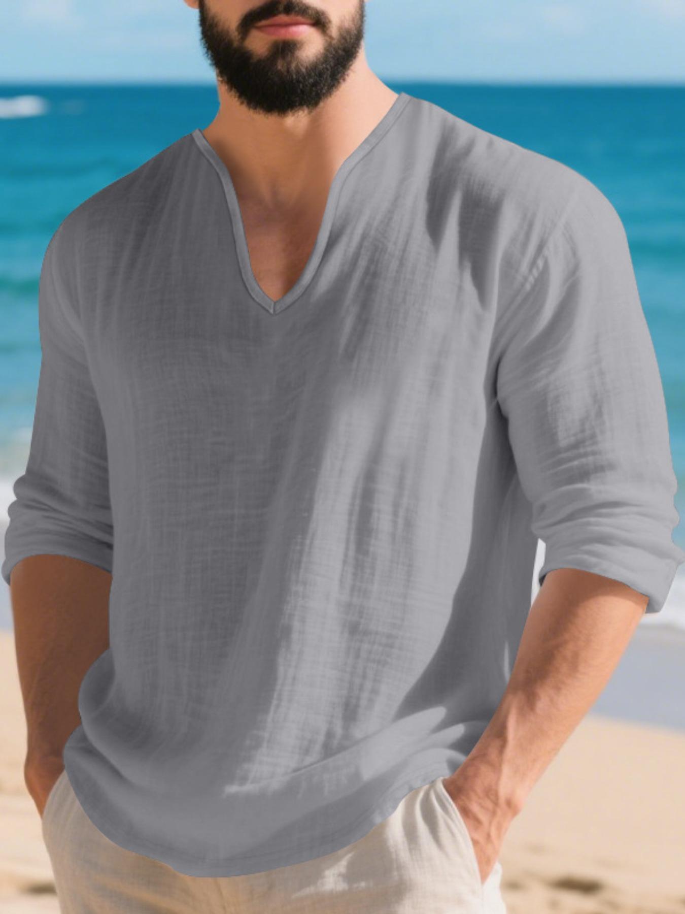 Men's V Neck Linen Shirt Casual Loose Fit Long Sleeve Top, Breathable Thin Fabric for Spring & Fall, Perfect for Beach Vacation