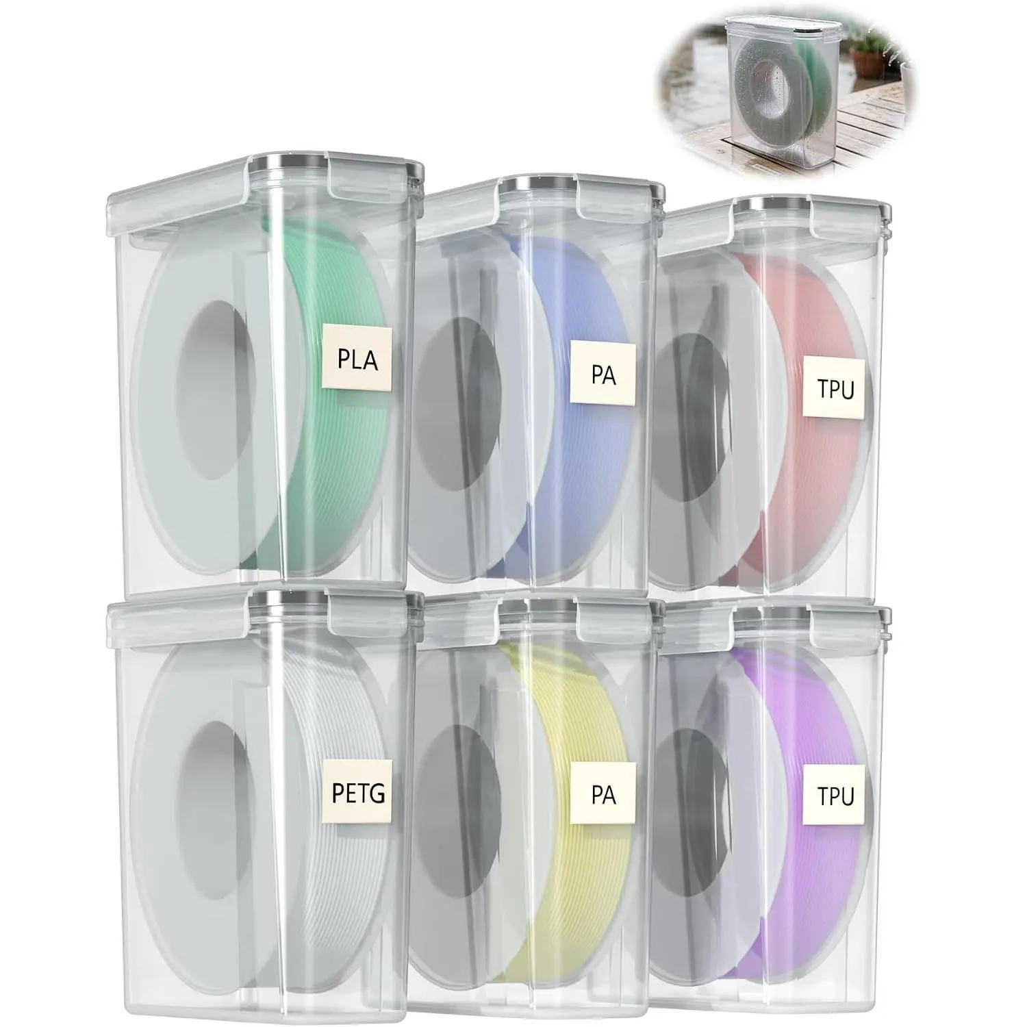Filament Storage Box 6 Pack - Airtight 3D Printer Filament Container with Silicone Seal & 4 Locking Buckles, Water-Proof Dust-Proof Clear Dry Box for 1KG PLA PETG ABS TPU Spool,
