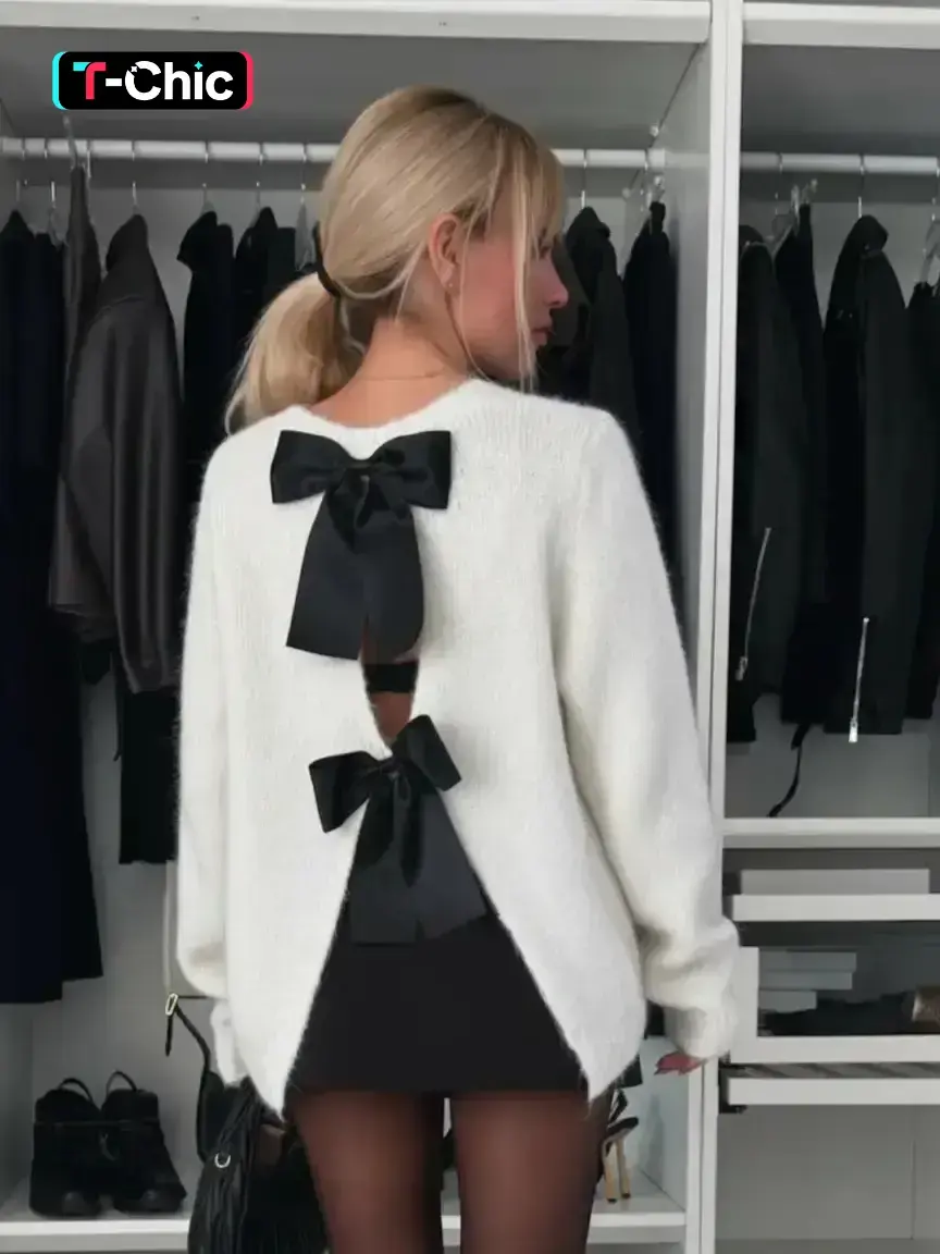 Women's Plain Minimalist Bow Back Detail Sweater Pullover, Casual Pullovers, Cute Fuzzy Long Sleeve Jumper for Fall & Winter, Women's Knitwear for Daily Wear, Womenswear, Tops, Basic