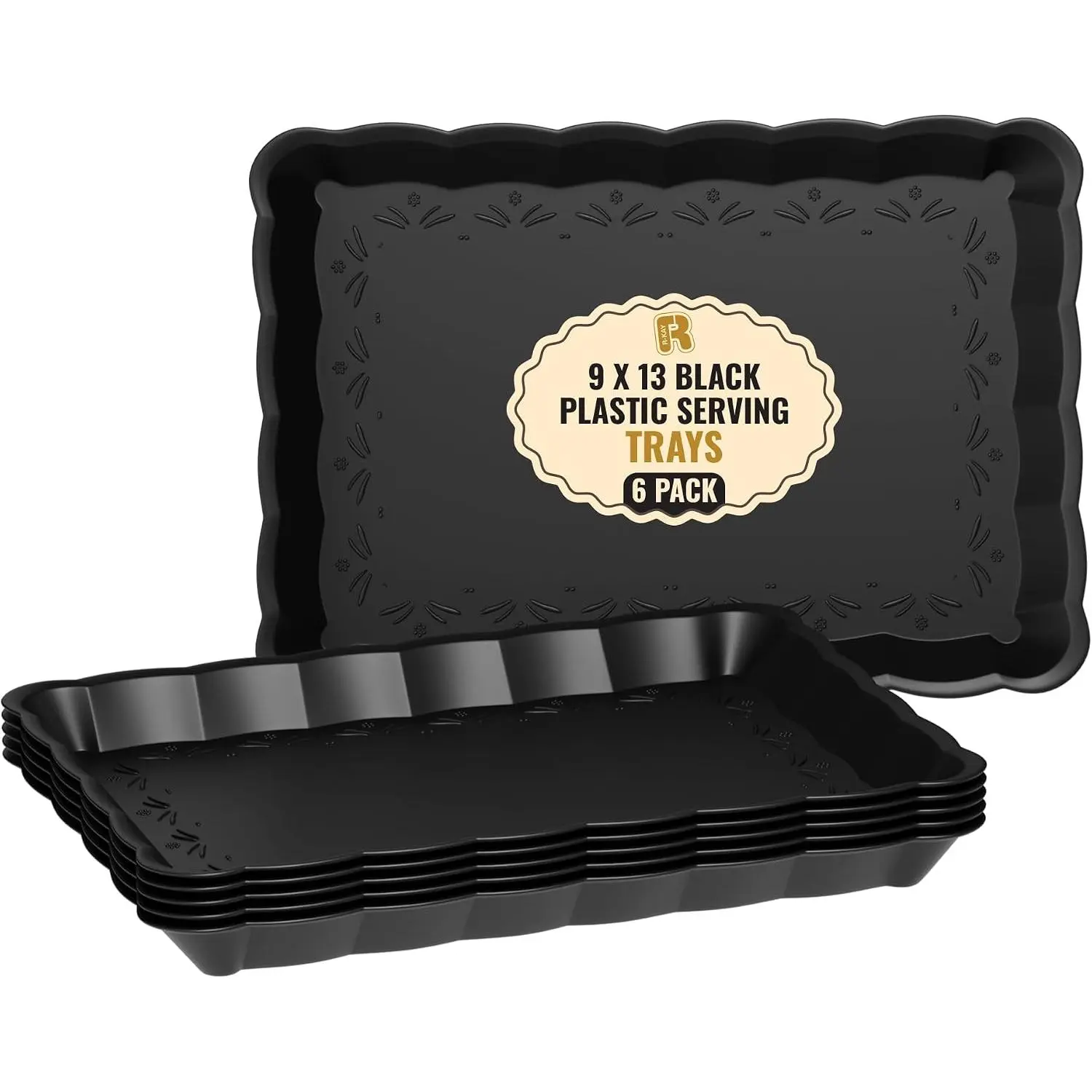 6 Pack Black Plastic Serving Trays - 9 x 13 Party Serving Trays and Platters - Black Serving Tray - Serving Platter Tray for Party