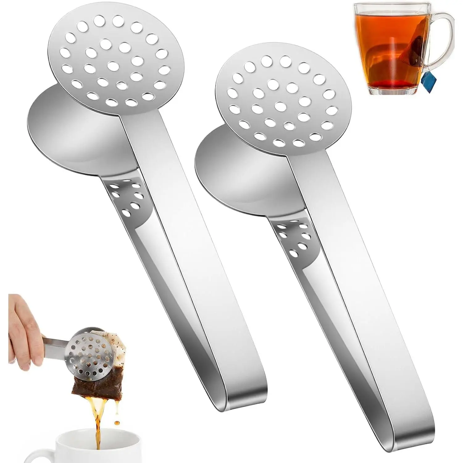 2PCS Tea Bag Squeezer, 6.6 x 1.8 Inch Stainless Steel Teabag Squeezer, Durable Strainer Gripper Picker for Tea Drinkers, Silver
