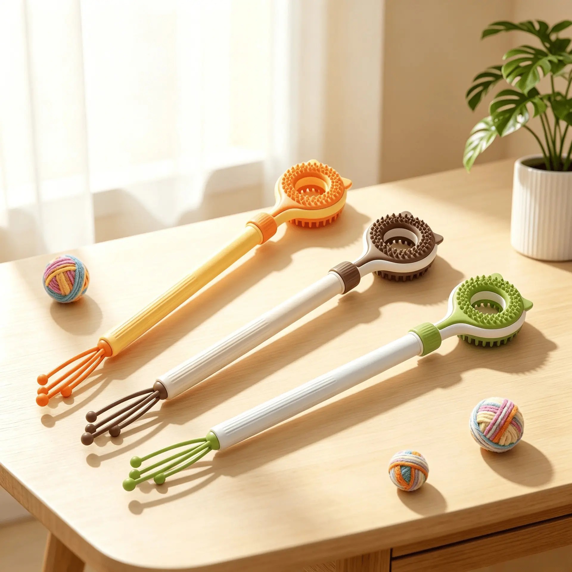 Three Color Options Extendable Cat Wand, Comb and Play in One, Lazy Person's Interactive Cat Toy, Space-Saving Design