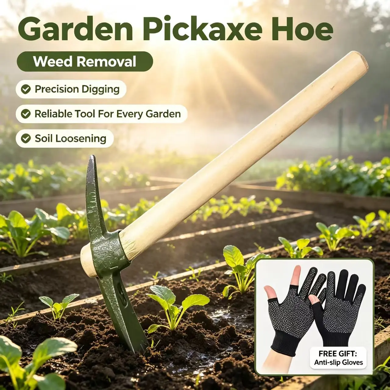 Mini Garden Tilling Pick Mattock with Solid Wooden Handle Forged Steel Double Head Digging Hoe, Multipurpose Weeding Planting Yard Tool, Bonus Non-Slip Gardening Work Gloves Included for Backyard Farm Camping Rock Prospecting