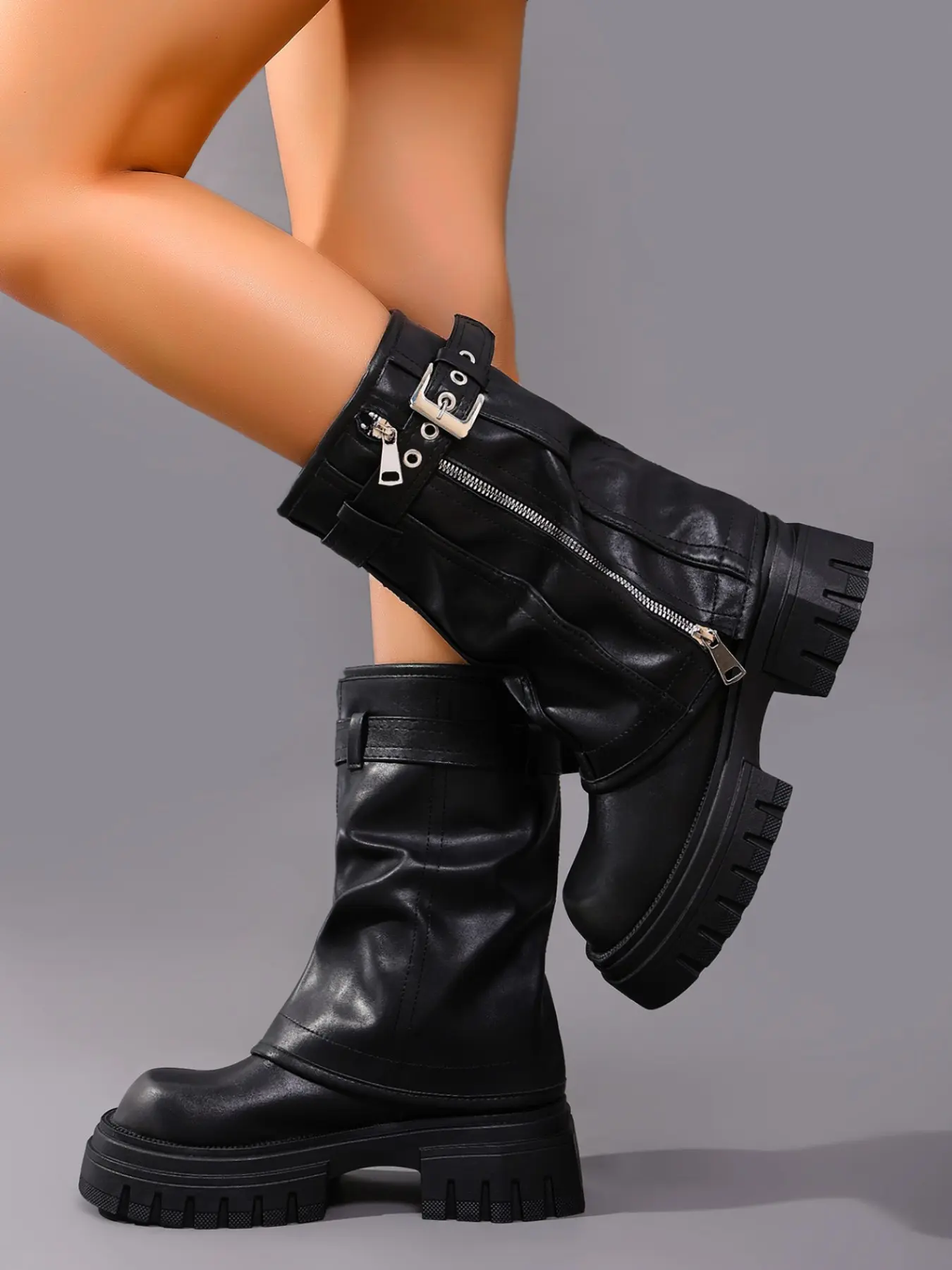 Vintage Thick Sole Mid-Calf Boots, Millennium Style Zipper Motorcycle Combat Boots, Fashionable and Durable Design, Trendy Shoes for Stylish People