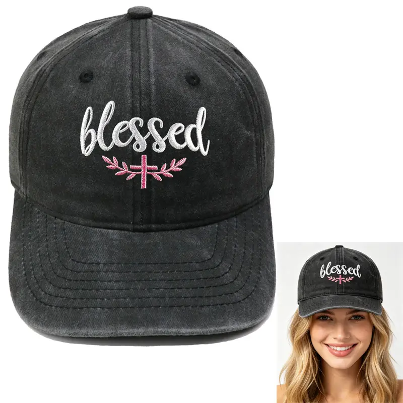 Women's Retro Washed Unstructured Cotton Baseball Cap - Cursive Embroidered Blessed, Pink Cross, Olive Branch Design - Adjustable Dad Hat for Christian Faith Aesthetic, Streetwear Gift (Hats for Women), Accessories For Women