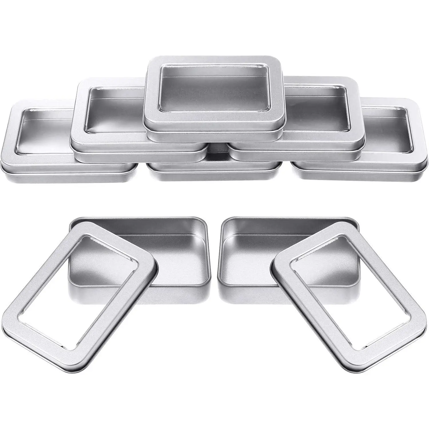 8 count Tin Box Metal Tins with  Clear Top Empty Mini Portable Small Storage Tins Case for  , Candies, Gifts, Balms and Treasures, 3.4x2.4x0.8 Inch,