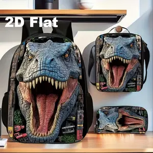 A realistic roaring Tyrannosaurus Rex three-piece backpack set-a 3D printed backpack featuring a dinosaur cityscape, a crossbody lunch bag, and a pencil case-designed specifically for teenagers and students who love dinosaurs.