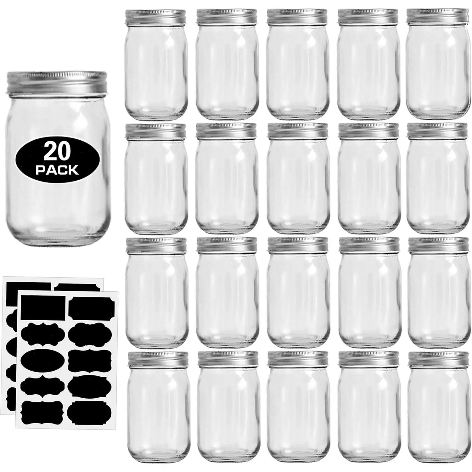 20 Pack 12oz Regular Mouth Mason Jars with Silver Lids, Glass Canning Jars for Food Storage, Meal Prep, Crafts, Include 20 Chalkboard Stickers