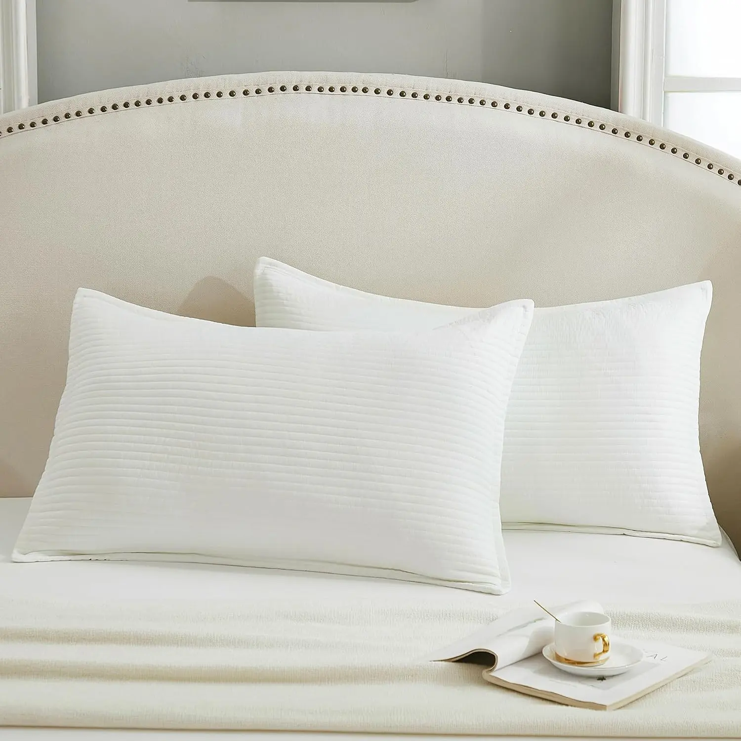 Stripe Quilted Pillowcases Set of 2, King Size Envelope Pillow Covers Soft Breathable Pillow Shams for Bed Couch (Beige, 20"x36")