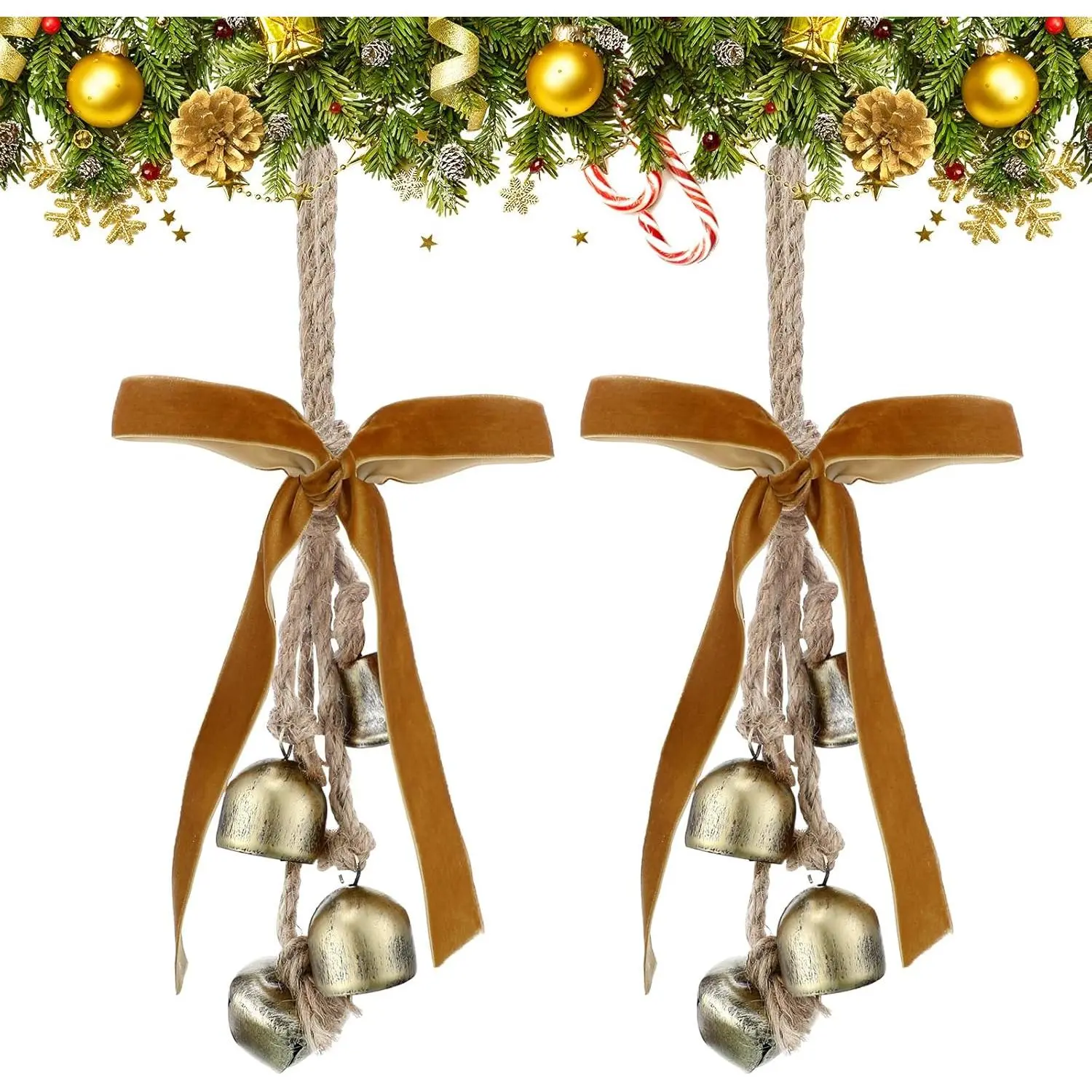 2 count Rustic Christmas Bells with Neutral  Ribbon Bows Christmas Metal Bells  Ornament Xmas Tree Wall Door Wreath Decoration for Rustic  Holiday Decoration