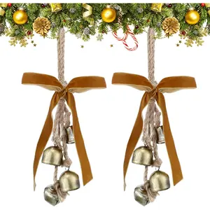 2 count Rustic Christmas Bells with Neutral  Ribbon Bows Christmas Metal Bells  Ornament Xmas Tree Wall Door Wreath Decoration for Rustic  Holiday Decoration