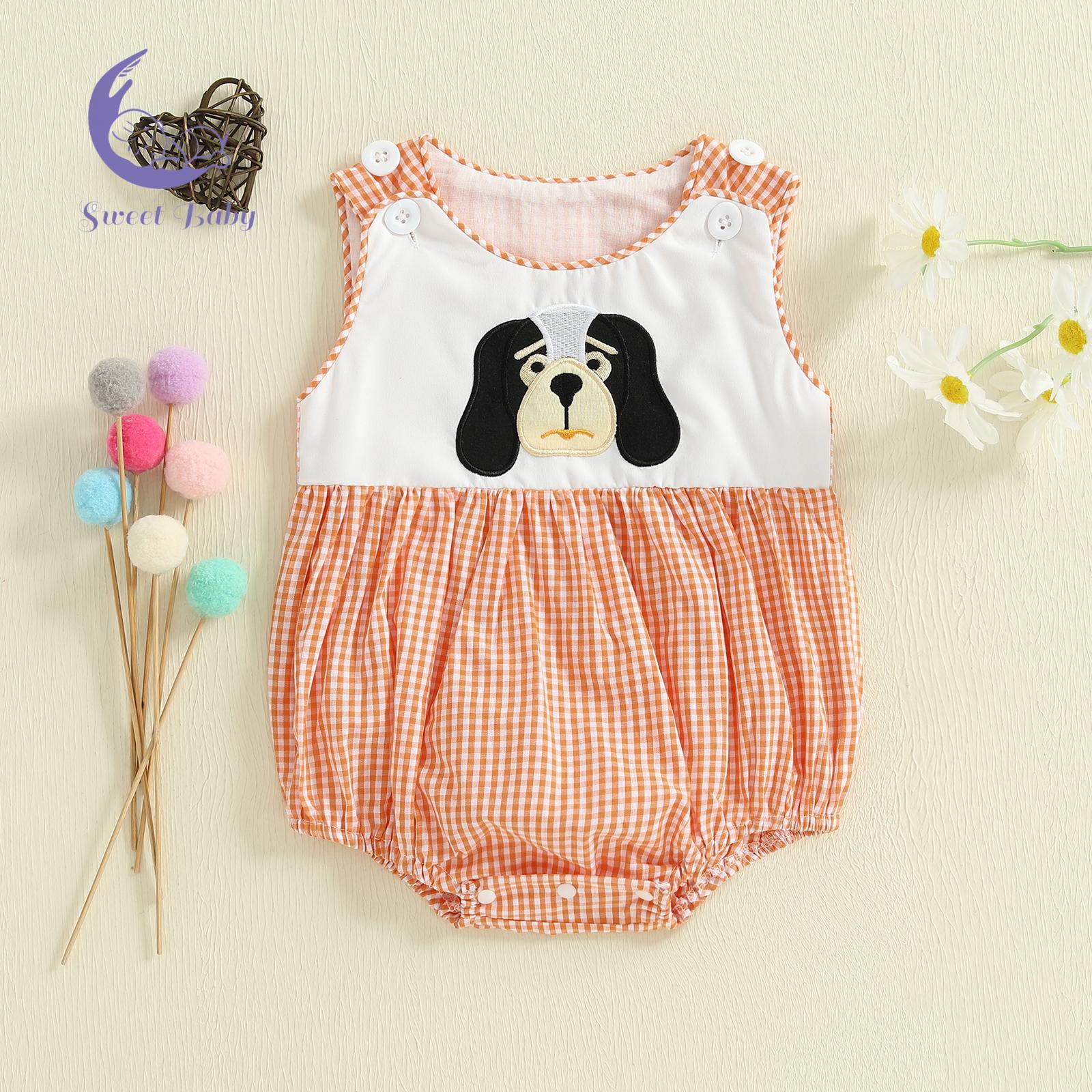 Baby Boy Sleeveless Round Neck Summer Romper Overalls, Animal Embroidery, Plaid Print Jumpsuit