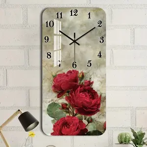 1 Silent Acrylic Wall Clock - Vintage Red Rose Design, 2D Flat Rectangular, AA Battery Powered (battery not included), suitable for kitchen, living room, bedroom, office decoration, classic aesthetic clock