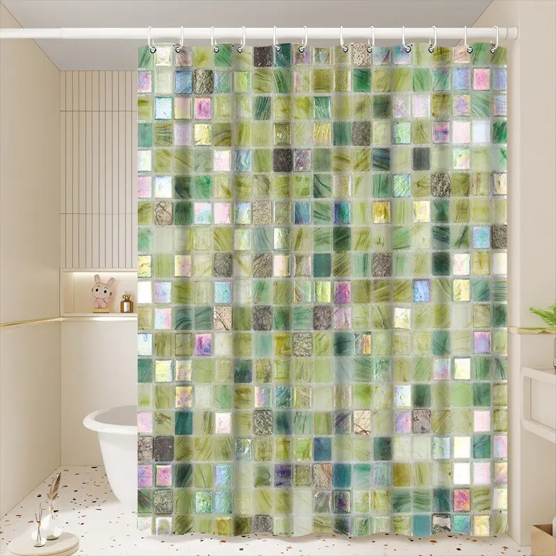 1pc Modern Green Mosaic Abstract Art Printed Shower Curtains with Plastic Hooks Shower Curtain for Bathtub Bathroom, Suitable for Home and Hotel Machine Washable Bathroom Decor as Best Holiday Gifts for Friends