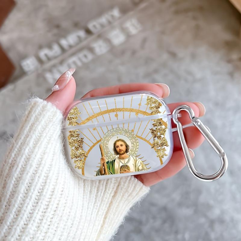 Divine Saintly Radiance Pattern Protective Case for AirPods 4/3/2/1/Pro/Pro2 Soft TPU Earphone Cover, Transparent with Keychain