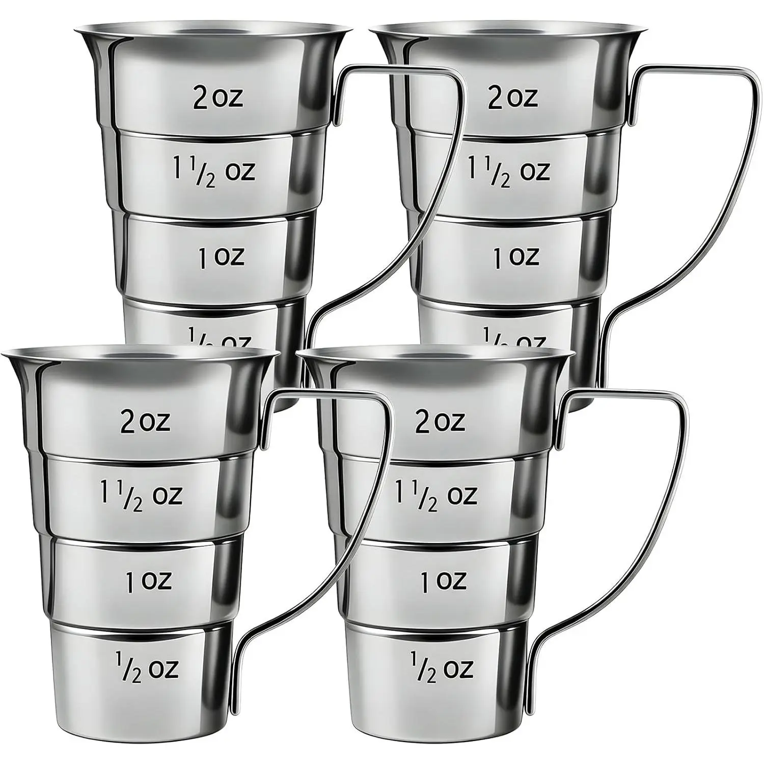 4 Pieces Stepped Jiggers with Handle, 2 oz Cocktail Jigger for Bartending, 304 Stainless Steel Liquor Measuring Cups, Shot Measure Cup for Bar Supplies Restaurant, Dishwasher Safe, Silver